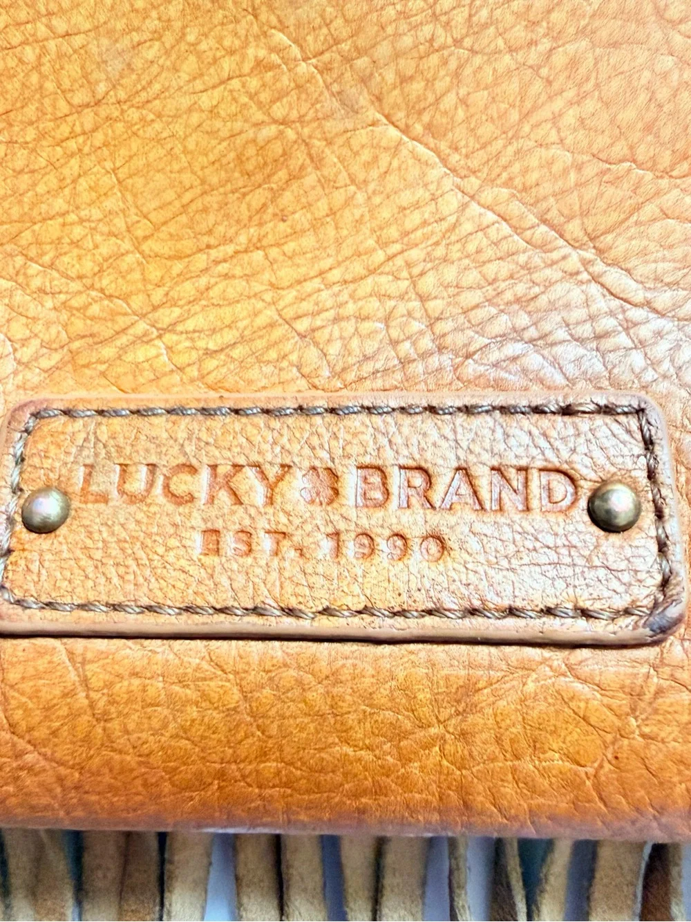 Lucky Brand Cognac Tan Leather Fringe Crossbody Bag Convertible Clutch Festival